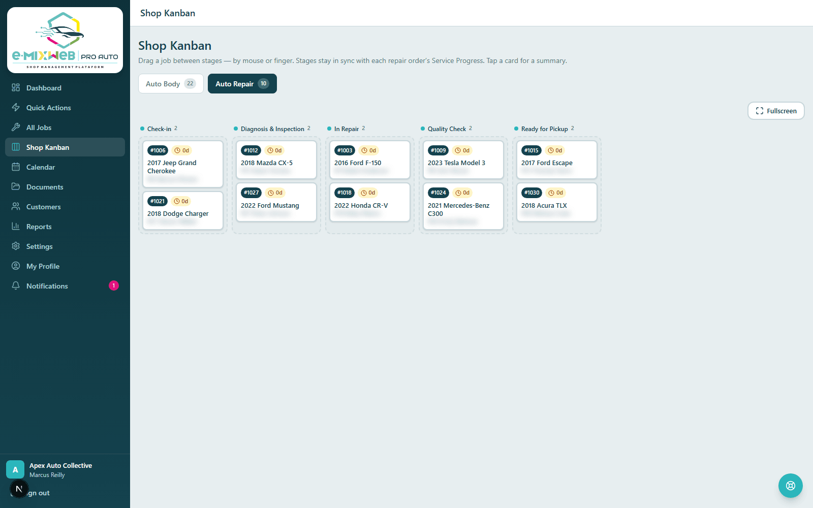 Auto Repair Kanban board — mechanical repair orders moving through Check-in, Diagnosis, In Repair, and Quality Check stages